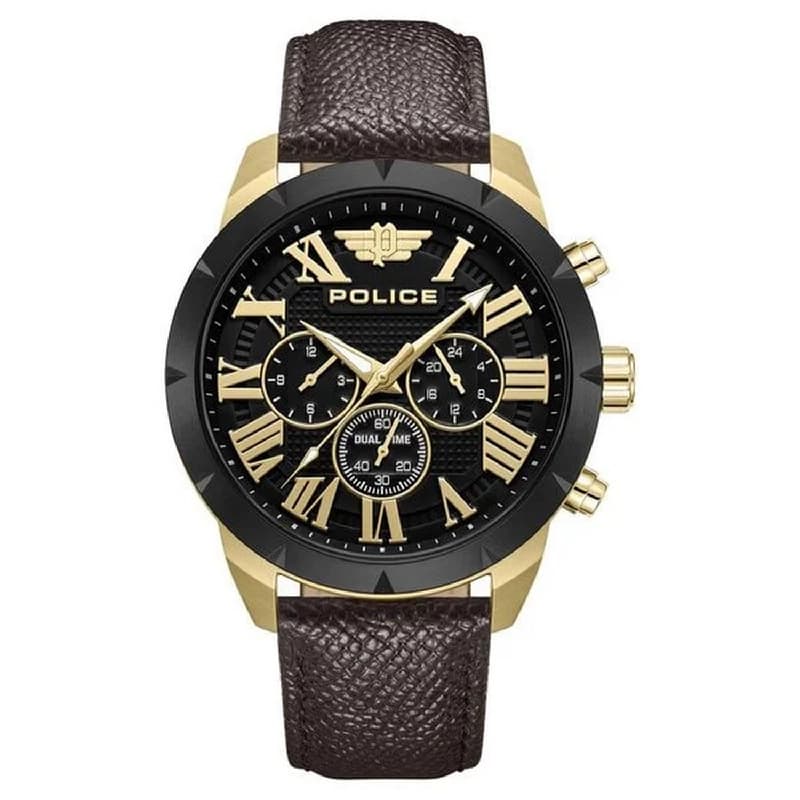 Men's Black Quartz Multifunction Dial Brown Leather Strap Watch