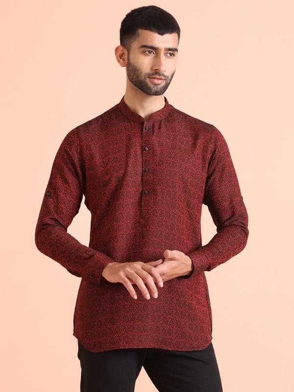 Men's Red Casual Self-Design Regular Fit Kurta