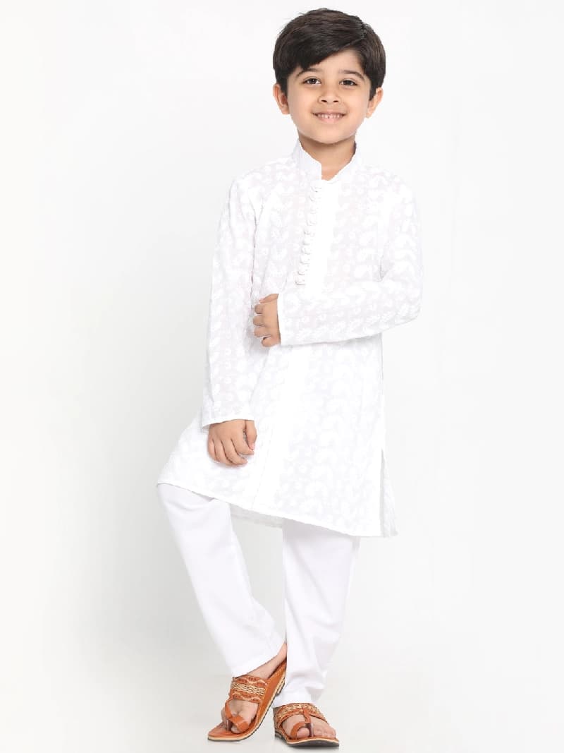 Boys Cotton White Chikankari Kurta Pyjama Sets