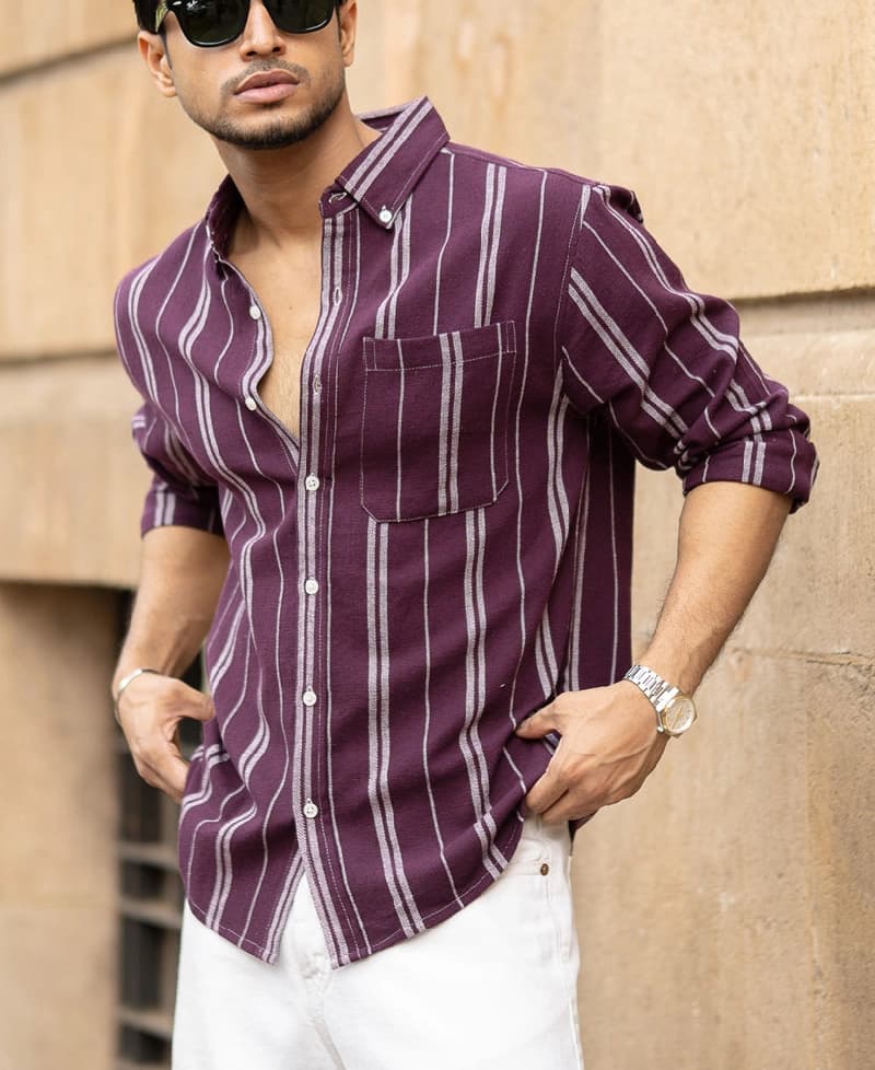Men's Purple Casual Striped Regular Fit Shirt