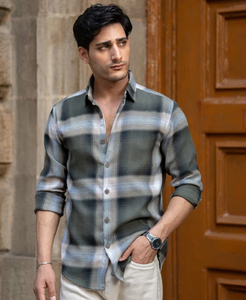Men's Green Casual Checked Regular Fit Cotton Shirt