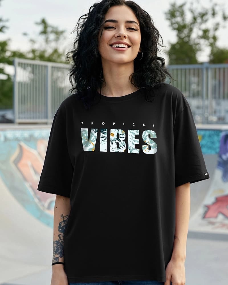 Women's Black Casual Graphic Oversized Fit Tshirt