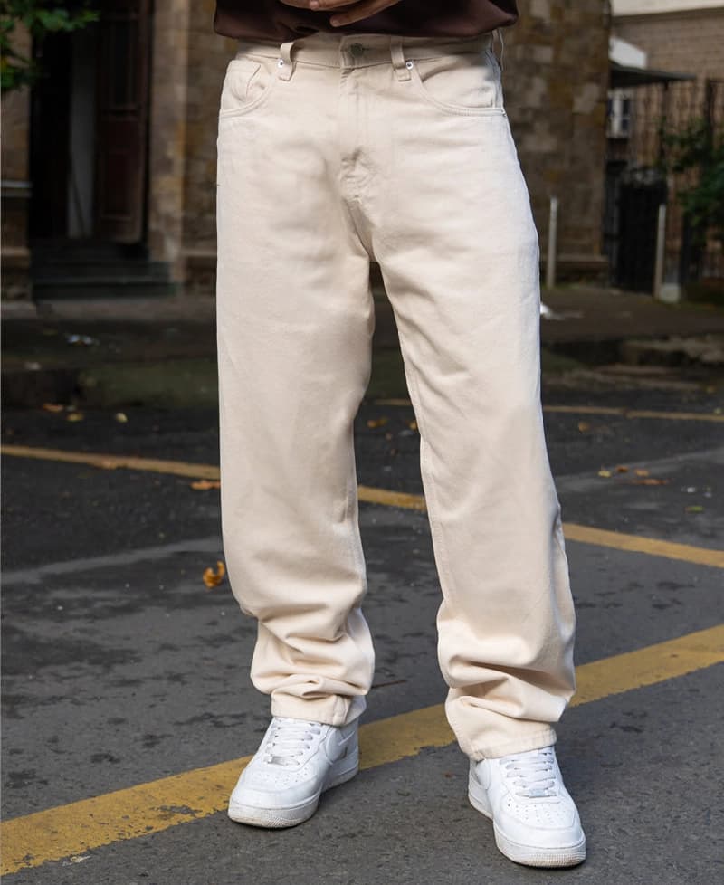 Men's Beige Casual Solid Baggy Fit Jeans