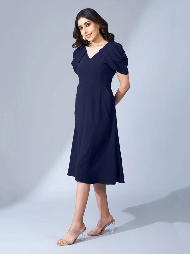 Women's Blue Formal Solid Fit & Flared Dress