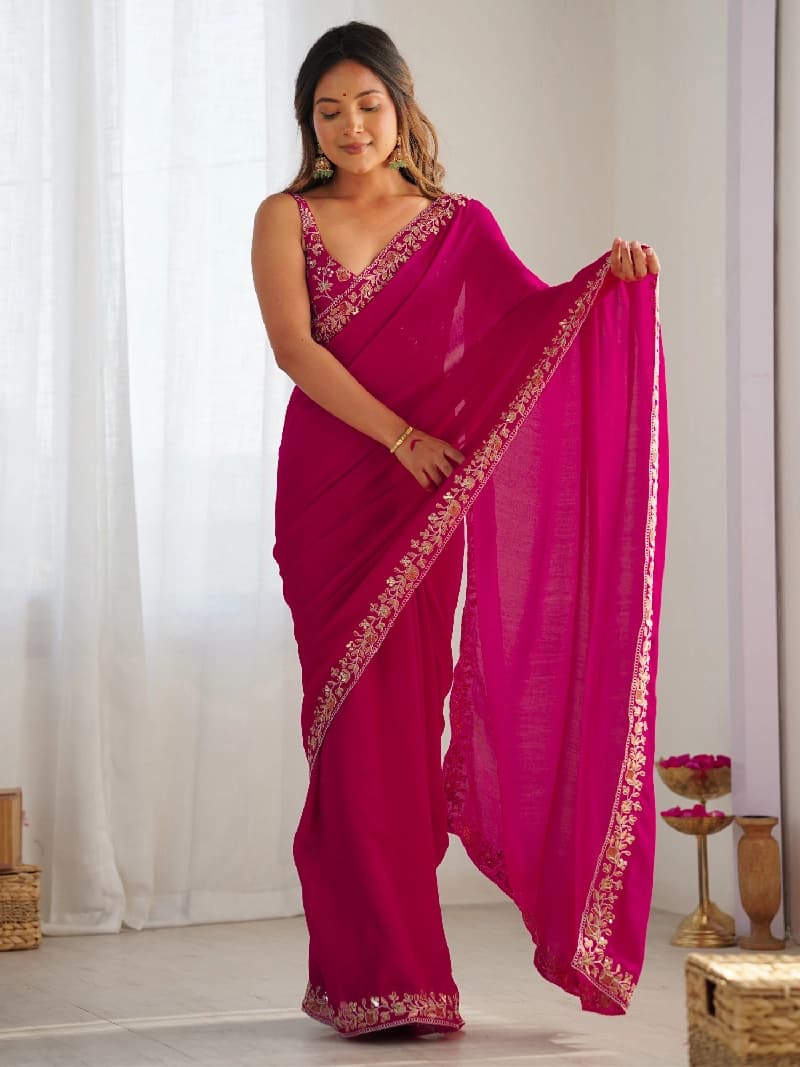 Women's Pink Festive Regular Fit Saree