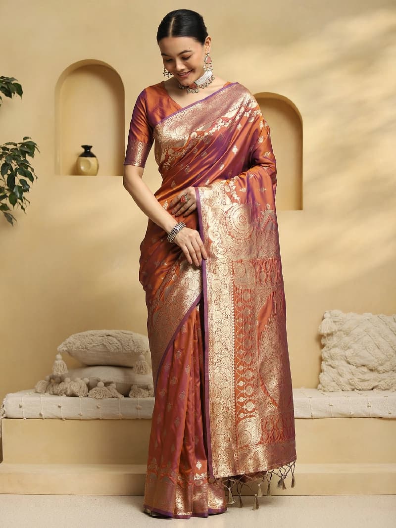 Women's Orange Festive Regular Fit Saree