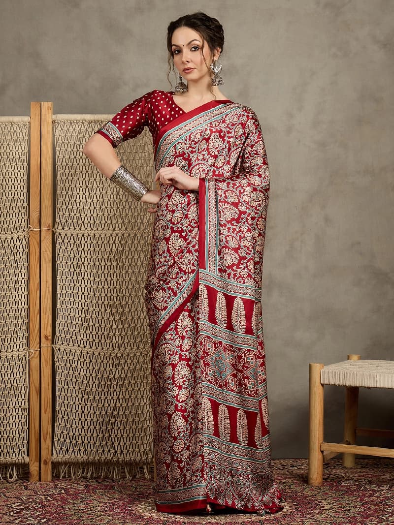 Women's Red Festive Regular Fit Saree