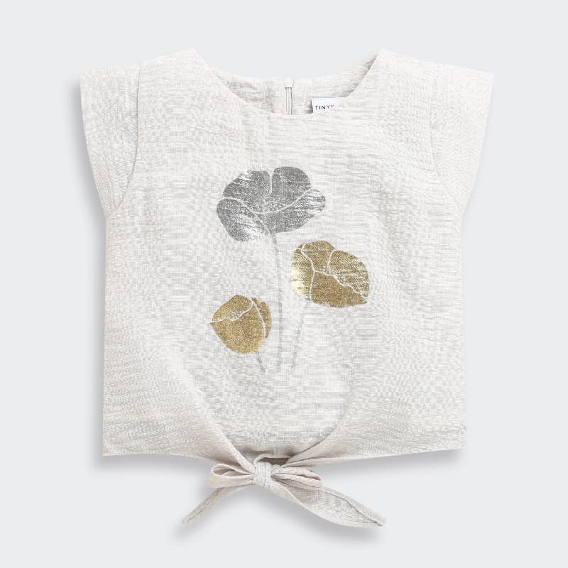 Girls Cream Casual Cotton Half Sleeves Foil Printed Top