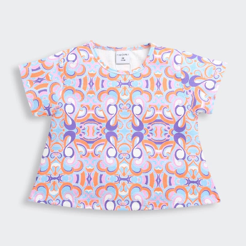 Girls Purple Casual Half Sleeves AII over Printed Top