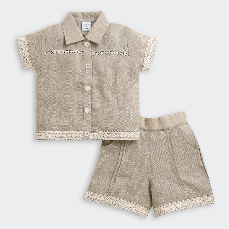 Girls Fawn Casual Cotton Half Sleeves Soild Top and Shorts Set