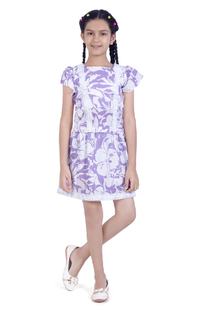 Girls Purple Casual Cap Sleeves Floral Printed Top and Skirt Set