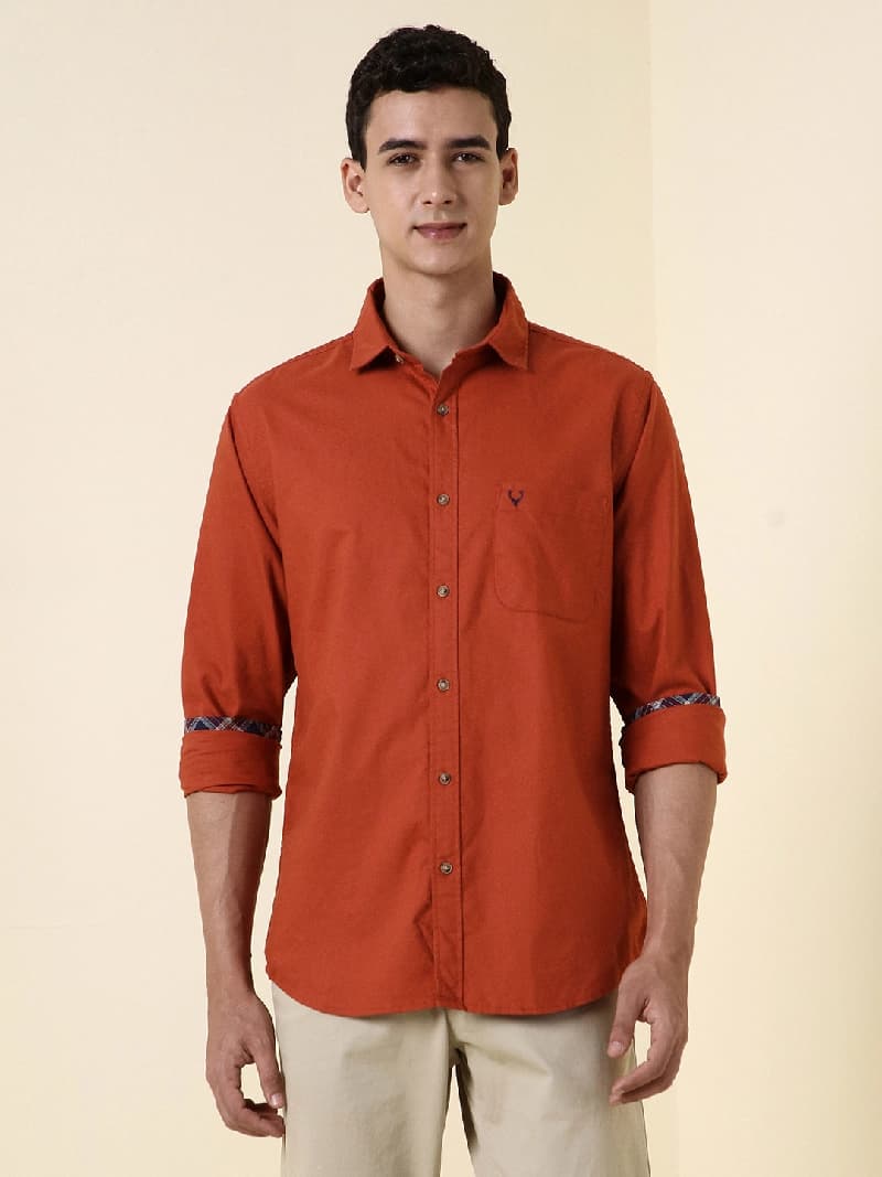 Men's Orange Casual Solid Regular Fit Shirt