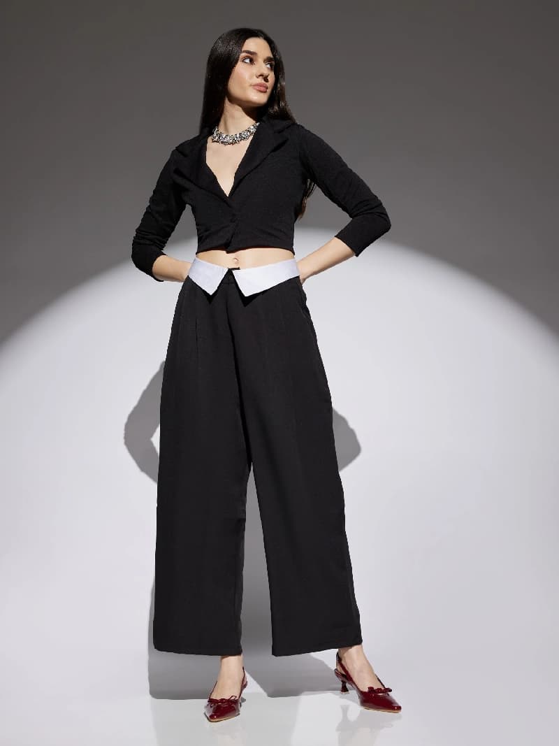 Women's Black Casual Solid Wide Leg Trouser
