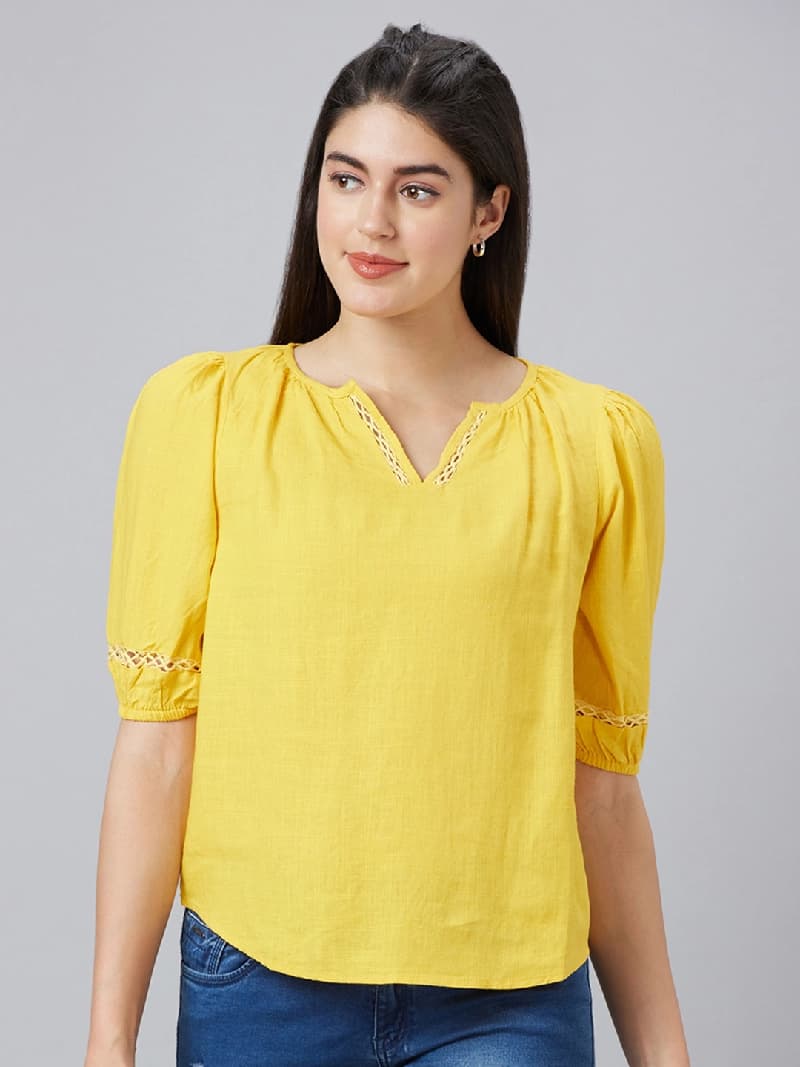 Women's Yellow Casual Solid Regular Fit Top