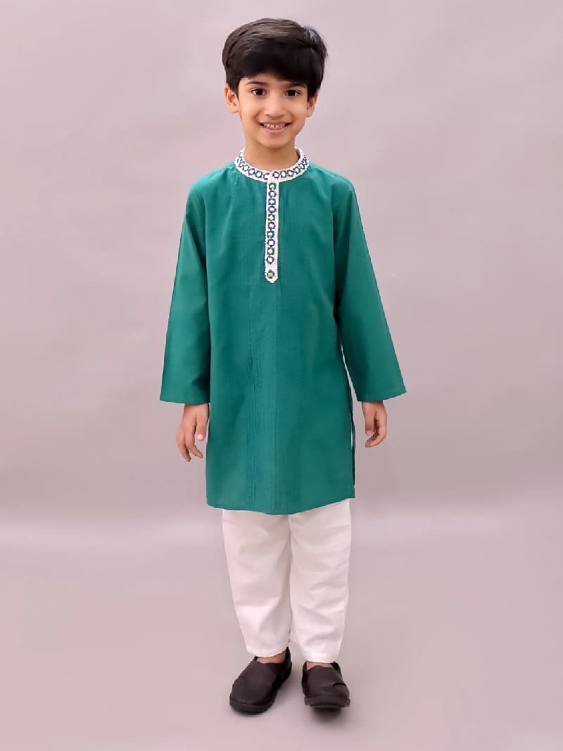 Boys Festive Shor-Gul Green Kurta Pyjama Set