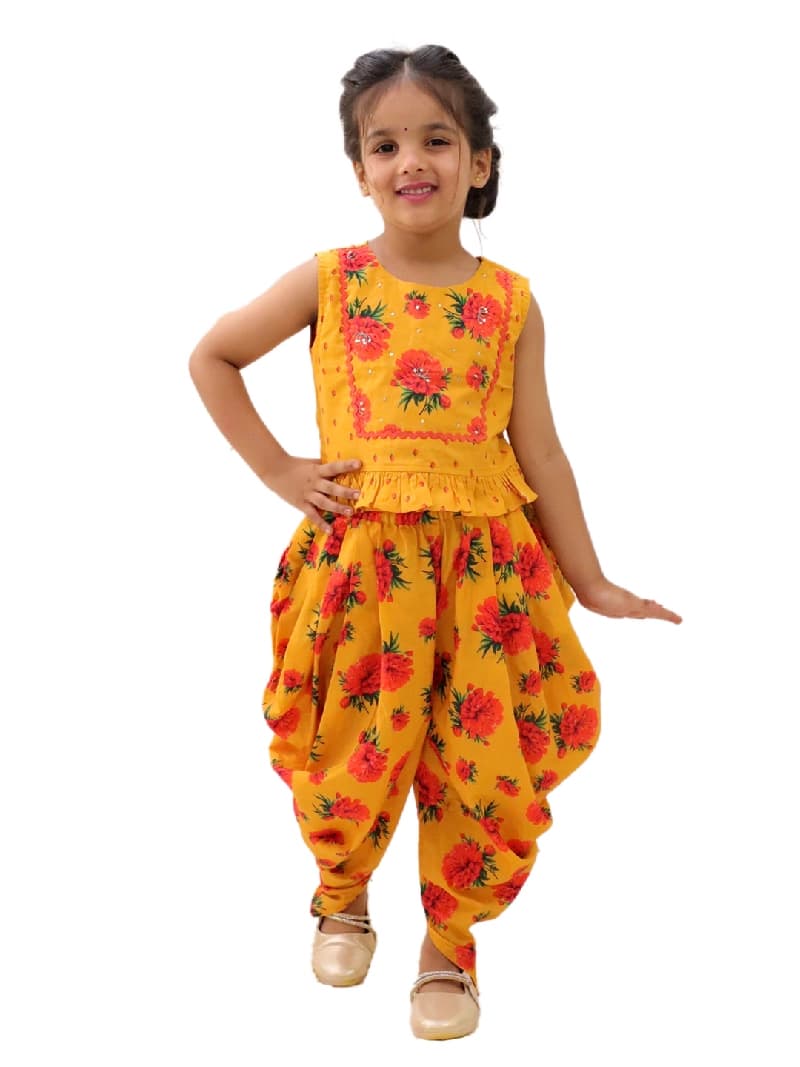 Girls Festive Genda Phool Mustard Crop Top And Dhoti Set