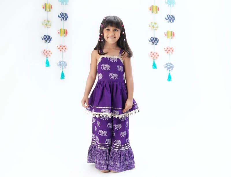 Girls Festive Purple Kurta With Sharara Set