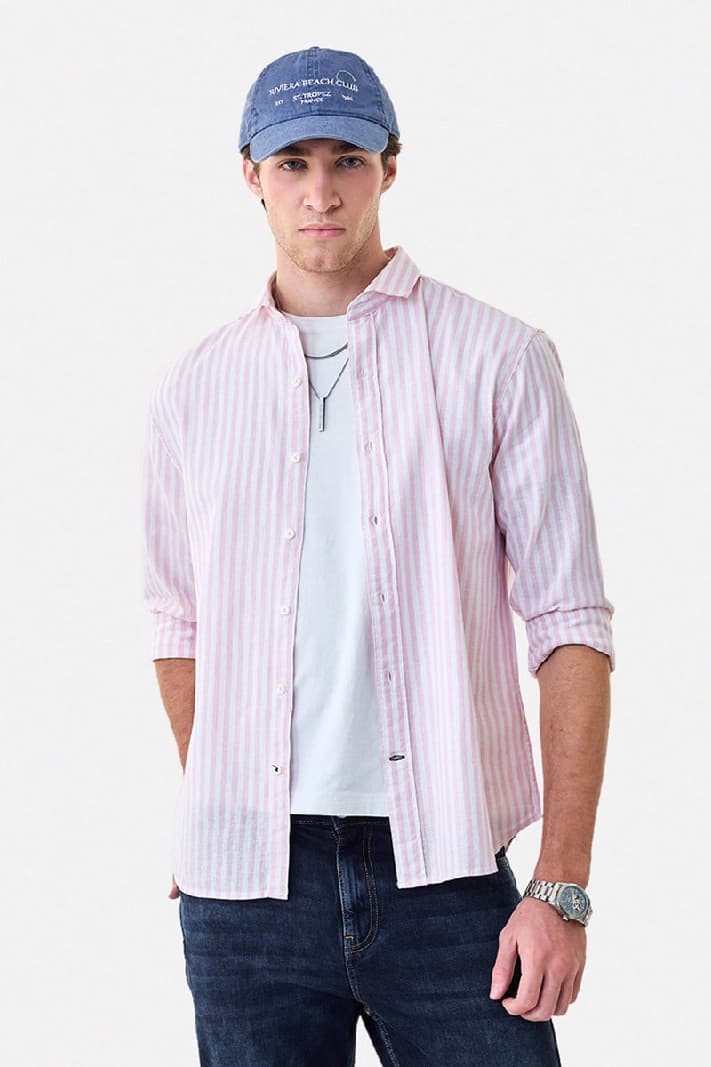 Men's Pink Casual Striped Regular Fit Shirt