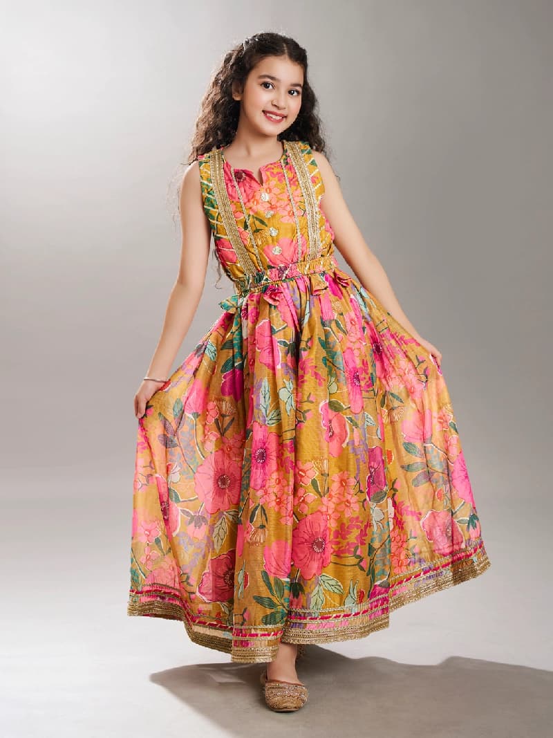 Girls Yellow & Pink Floral Printed Dress