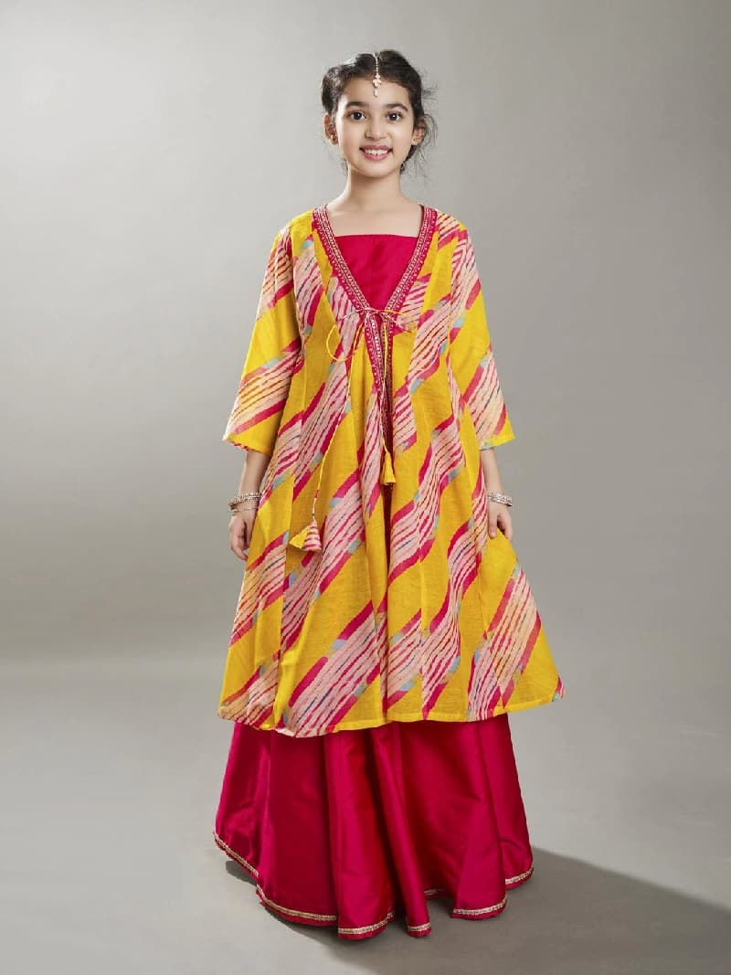 Girls Yellow & Pink Lehariya Digital Print Ready to Wear Lehenga with Kurta