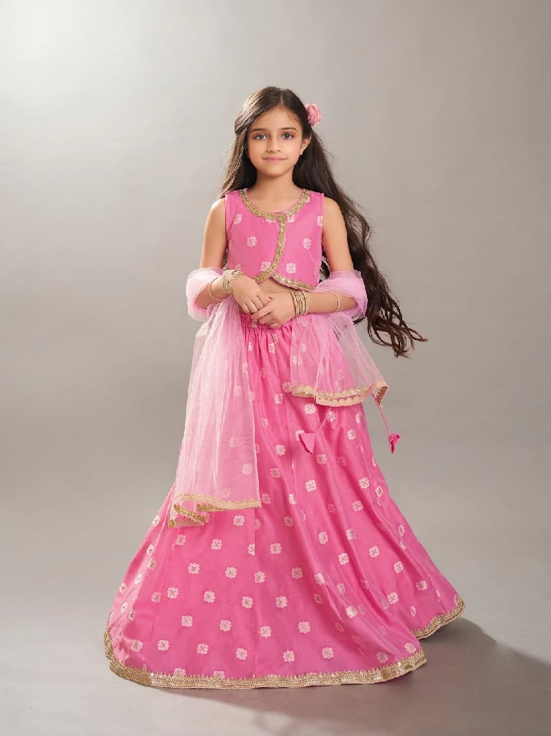 Girls Pink Jacquard Booti Ready to Wear Lehenga & Choli with Dupatta