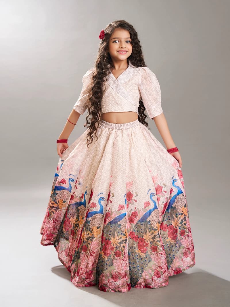 Girls Beige Digital Peacock Printed Ready to Wear Lehenga with Choli