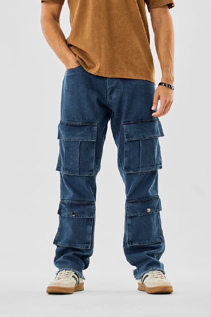 Men's Blue Casual Solid Baggy Fit Cargo