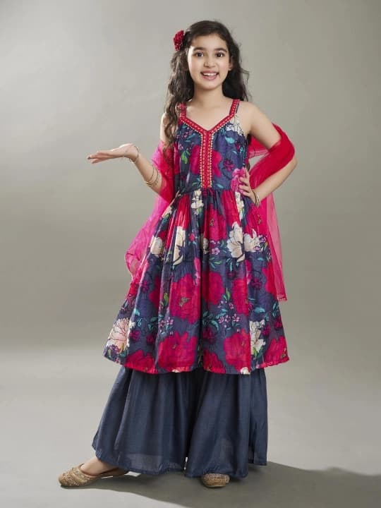 Girls Grey Floral Printed Empire Gotta Patti Kurta with Sharara & with Dupatta