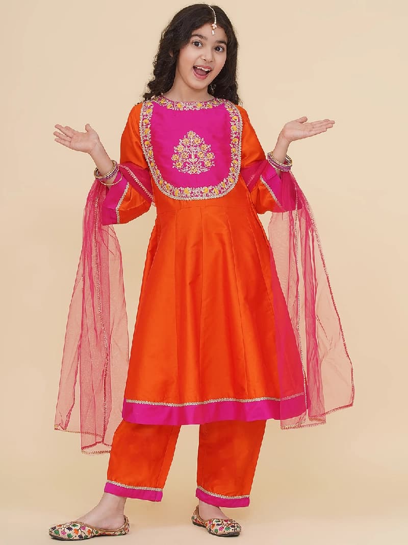 Girls Orange A-Line Anarkali Kurta with Trousers & Dupatta