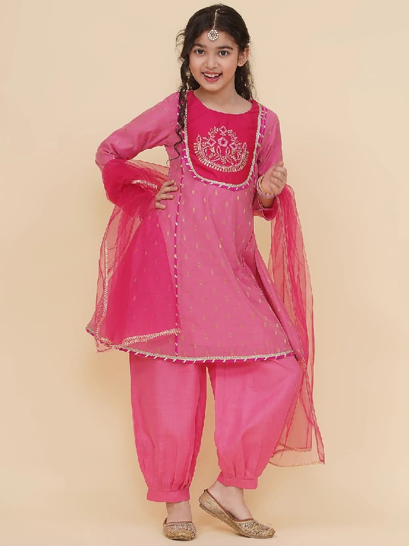 Girls Pink A-Line Kurta with Afgani Salwar and Dupatta