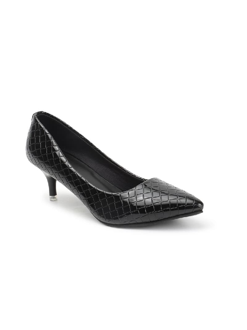 Women's Black Textured Pointed Toe Kitten Heel Pumps
