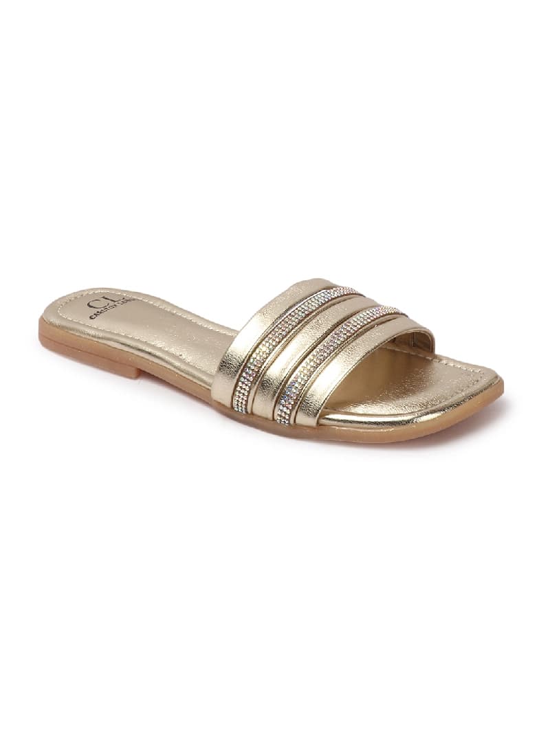Women's Gold Embellished Multi Strap Flat Slides