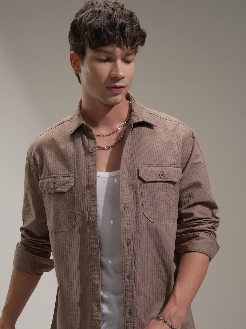Men's Brown Casual Solid Oversized Fit Shirt
