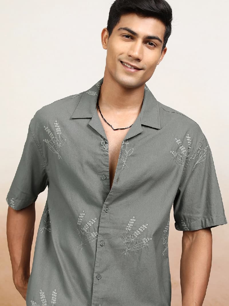 Men's Grey Casual Printed Oversized Fit Shirt