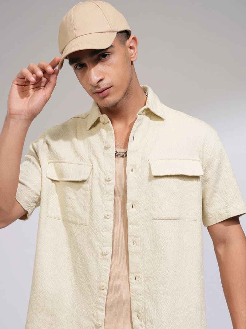 Men's Cream Casual Solid Oversized Fit Shirt