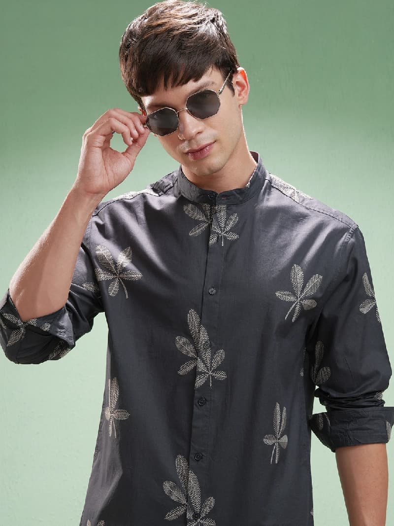 Men's Grey Casual Printed Regular Fit Shirt
