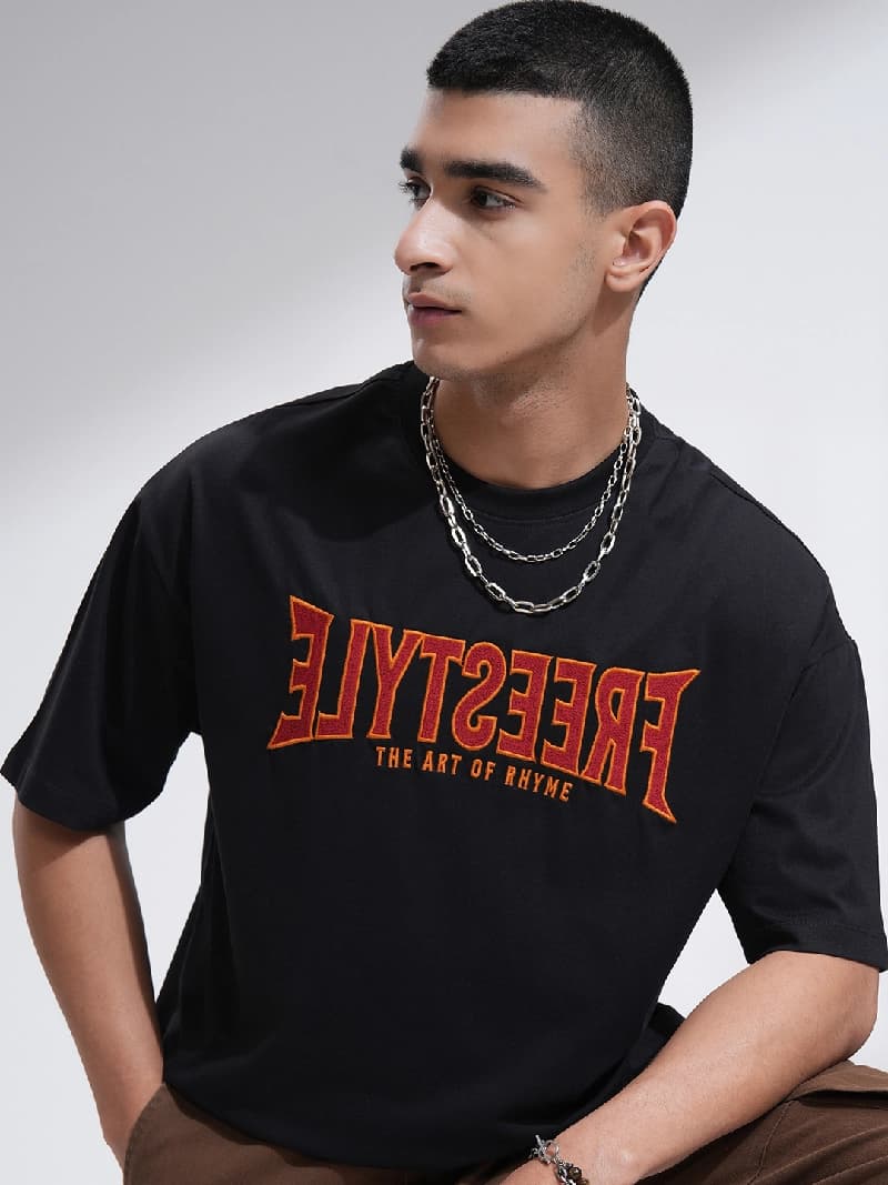 Men's Black Casual Printed Oversized Fit Tshirt