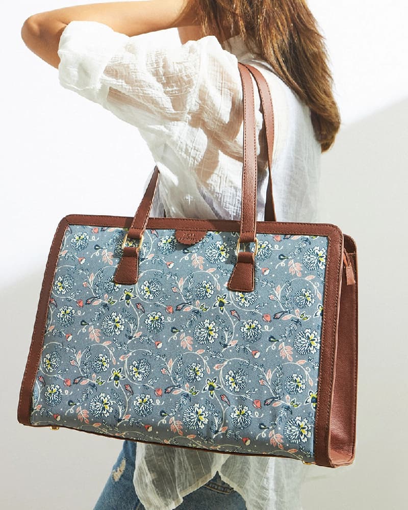 Women's Blue PU Printed Double Strap Matte Bloom Office Tote