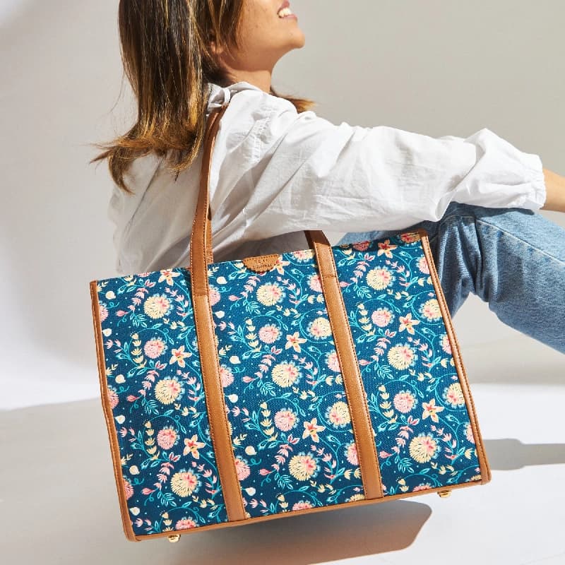 Women's Blue PU Printed Double Strap Matte Bloom Canvas Tote