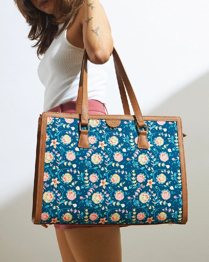 Women's Blue PU Printed Double Strap Matte Bloom Office Tote