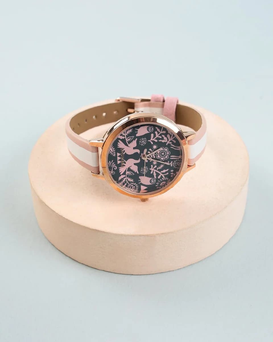 Women's Pink Canvas Floral Birds Analog Digital Wrist Watch
