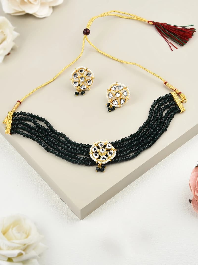 Women's Crystal Shine Green Beads Multistrand Kundan Choker Necklace & Earring Set