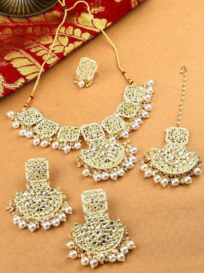 Women's Gold Tone Kundan Casual Necklace Earring Maangtikka & Ring Set