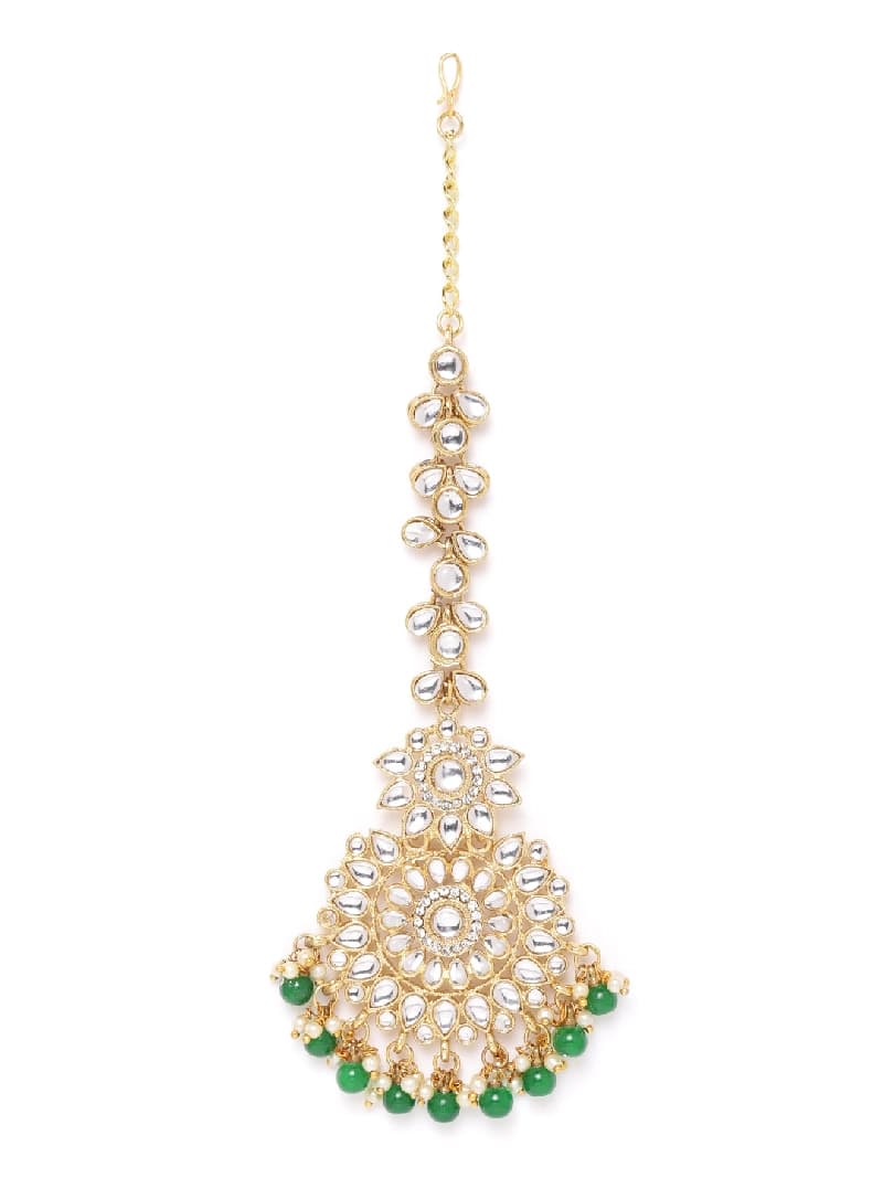 Women's Gold Tone Kundan & Green Beads Wedding Collection Maangtikka