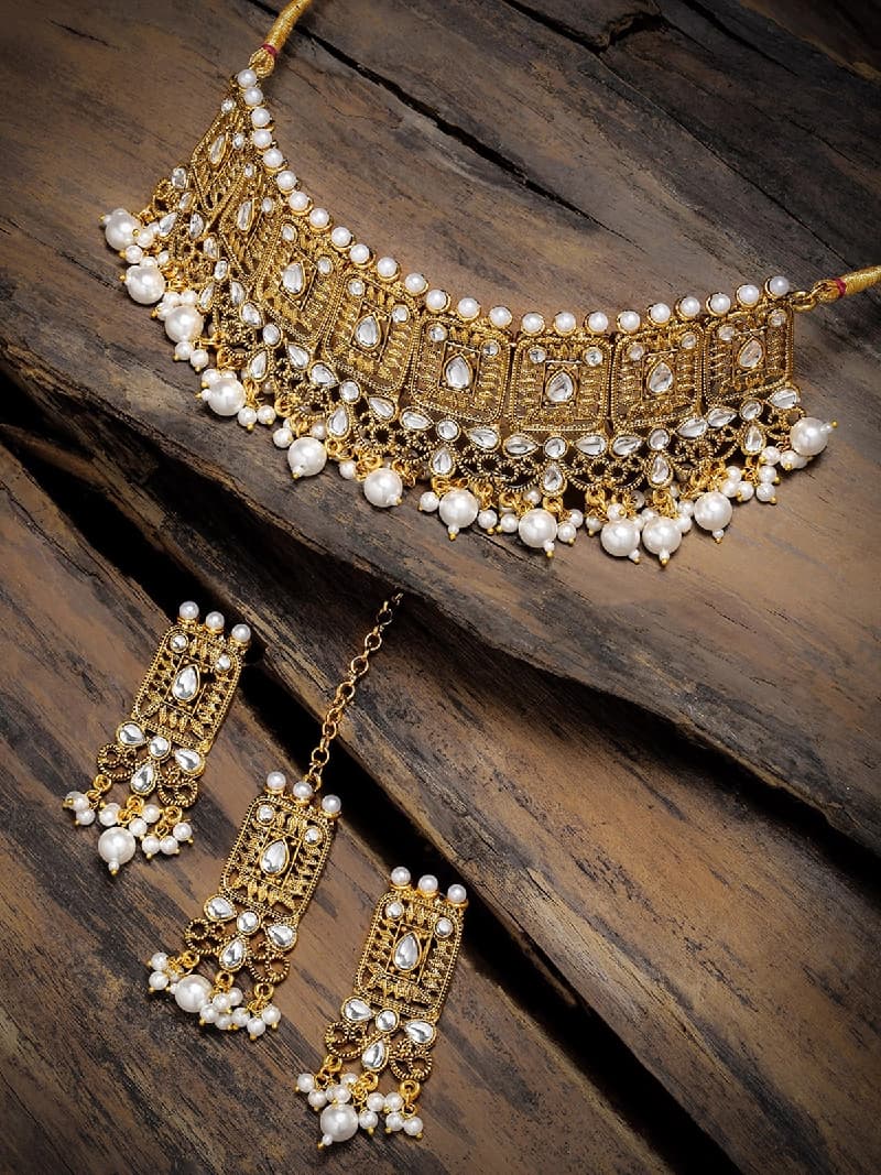 Women's Antique Gold Tone Kundan And Pearls Choker Necklace Earring & Maangtikka Set