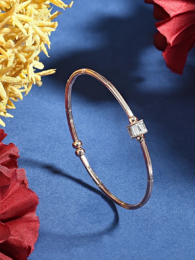 Women's Rose Gold Dazzling Baguette Diamonds Brass Bangle Style Kada Bracelet