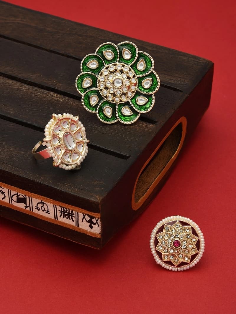 Women's Set of 3 Multicolor Casual Kundan Adjustable Finger Rings