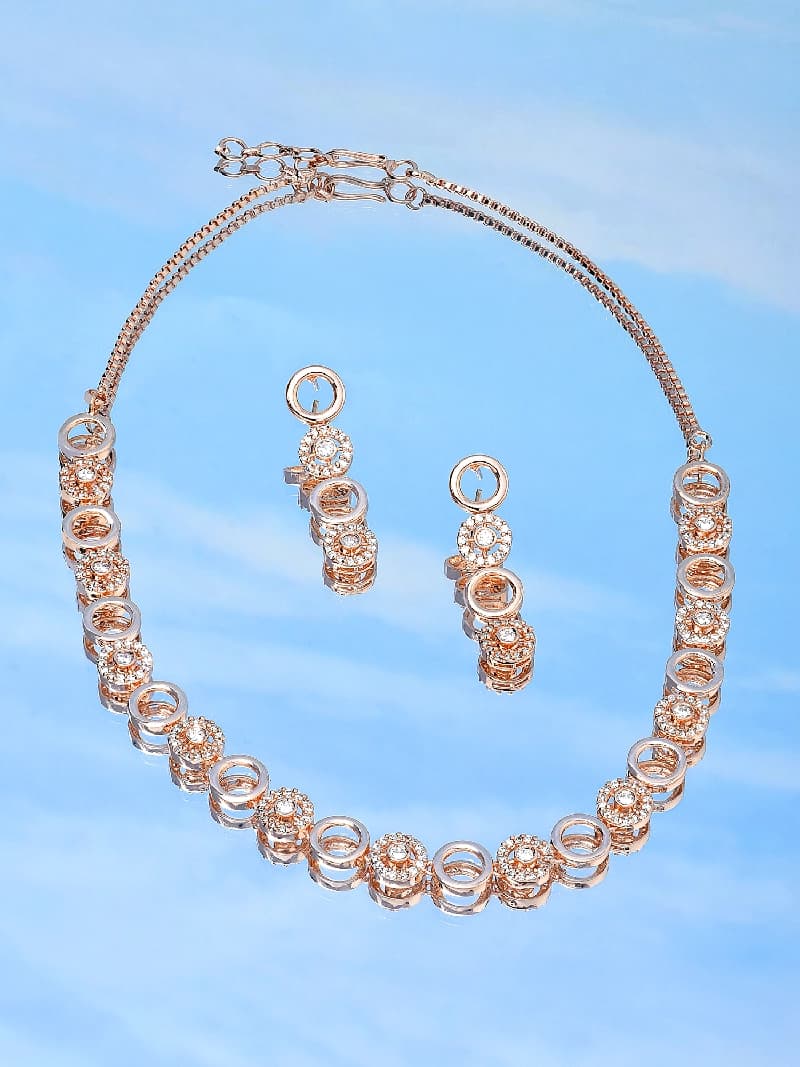 Women's Rose Gold Dazzling Cubic Zirconia Contemporary Necklace & Earring Set