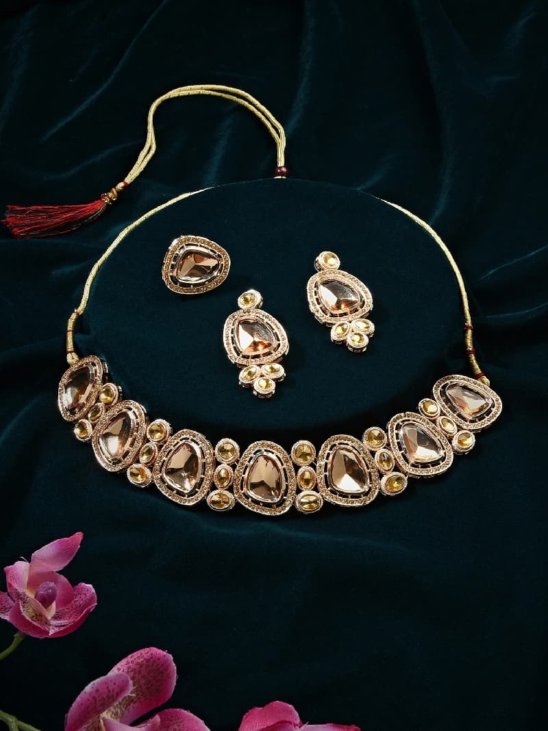 Women's Gold Tone Dazzling LCT Kundan & Austrian Diamonds Necklace Earring & Ring Set