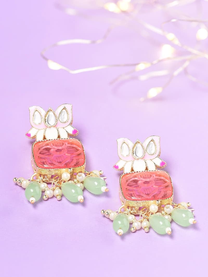Women's Pink Meenakari Lotus Design Ethnic Green Beads Drop Earring